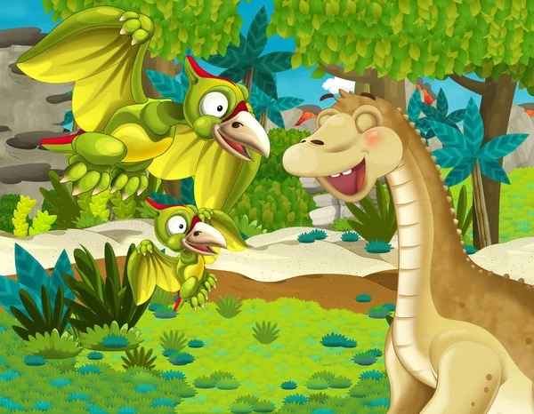Cena Dos Desenhos Animados Com Dinossauro Apatosaurus Diplodocus Brontossauro Com — Fotografia de Stock