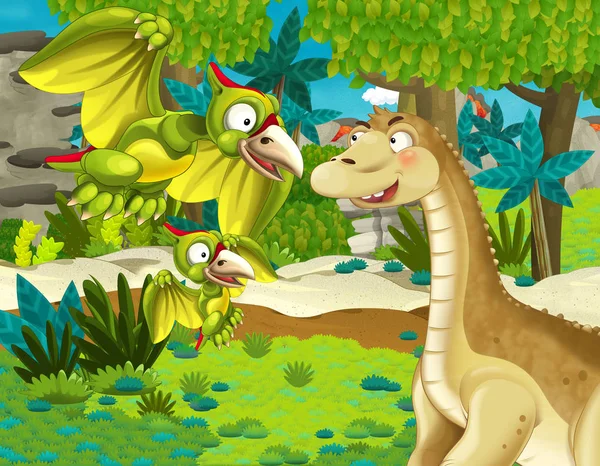 Cartoon Scene Dinosaur Apatosaurus Diplodocus Brontosaurus Some Other Dinosaur Jungle — Stock Photo, Image