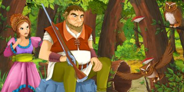 yaşlı adam çiftçi veya avcı ormanda uçan baykuş çifti karşılaşan karikatür sahne - çocuklar için illüstrasyon