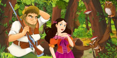 yaşlı adam çiftçi veya avcı uçan baykuş çifti karşılaşan ormanda bazı prenses konuşurken karikatür sahne - çocuklar için illüstrasyon