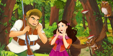 yaşlı adam çiftçi veya avcı uçan baykuş çifti karşılaşan ormanda bazı prenses konuşurken karikatür sahne - çocuklar için illüstrasyon