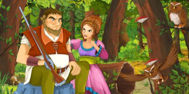 yaşlı adam çiftçi veya avcı uçan baykuş çifti karşılaşan ormanda bazı prenses konuşurken karikatür sahne - çocuklar için illüstrasyon