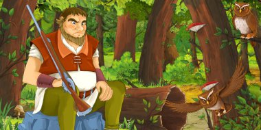 yaşlı adam çiftçi veya avcı ormanda uçan baykuş çifti karşılaşan karikatür sahne - çocuklar için illüstrasyon