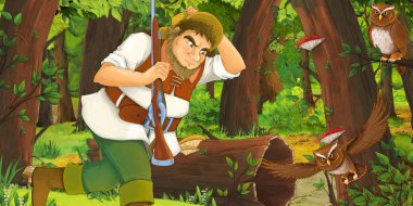 yaşlı adam çiftçi veya avcı ormanda uçan baykuş çifti karşılaşan karikatür sahne - çocuklar için illüstrasyon
