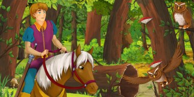 mutlu genç çocuk prens ormanda uçan baykuş çifti karşılaşan ata binen karikatür sahnesi - çocuklar için illüstrasyon