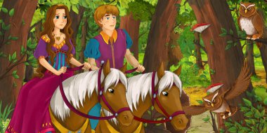 mutlu genç erkek prens ve kız prenses ormanda uçan baykuş çifti karşılaşarak ata binen karikatür sahnesi - çocuklar için illüstrasyon