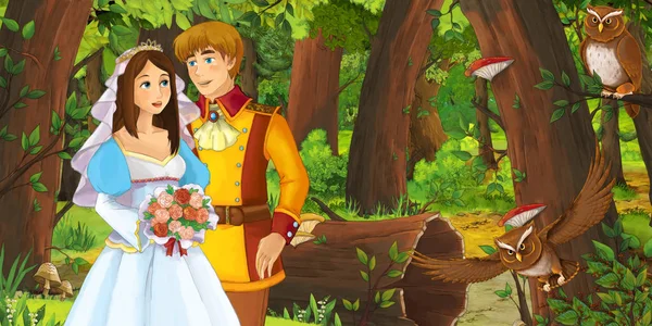 フクロウのペアに遭遇する森の中で幸せな若い女の子と男の子の王子と王女との漫画のシーン 子供のためのイラスト — ストック写真