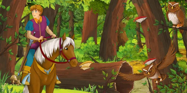 Cartoon Scene Happy Young Boy Prince Riding Horse Forest Encountering — Stock Photo, Image