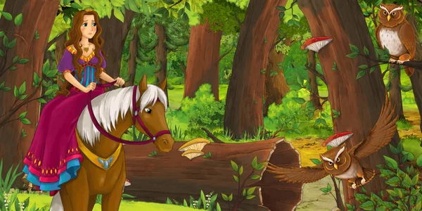 フクロウのペアに遭遇する森の中で馬に乗って幸せな若い男の子の王子と女の子の王女と漫画のシーン 子供のためのイラスト — ストック写真