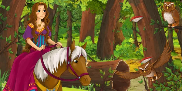 Escena Dibujos Animados Con Joven Princesa Feliz Montar Caballo Bosque —  Fotos de Stock