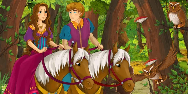 Cartoon Szene Mit Glücklichen Kleinen Prinzen Und Mädchen Die Auf — Stockfoto