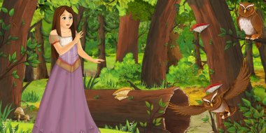 ormanda uçan baykuş çifti karşılaşan mutlu genç kız ile karikatür sahnesi - çocuklar için illüstrasyon