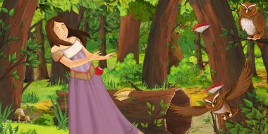 ormanda uçan baykuş çifti karşılaşan mutlu genç kız ile karikatür sahnesi - çocuklar için illüstrasyon