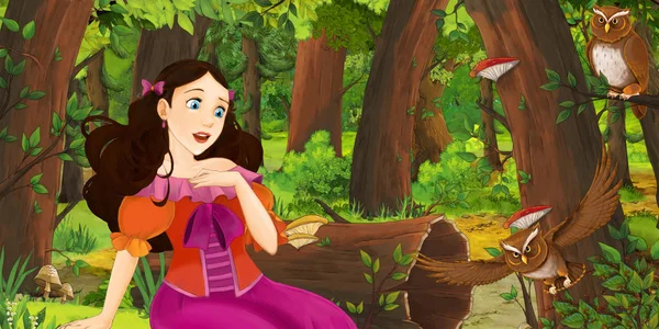 Scène Dessin Animé Avec Une Jeune Fille Heureuse Dans Forêt — Photo