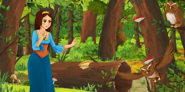 Scène Dessin Animé Avec Une Jeune Fille Heureuse Dans Forêt — Photo