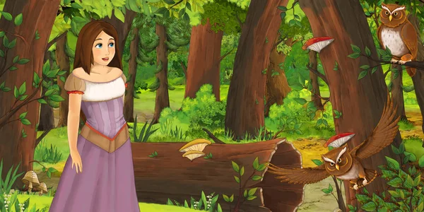 Scène Dessin Animé Avec Une Jeune Fille Heureuse Dans Forêt — Photo