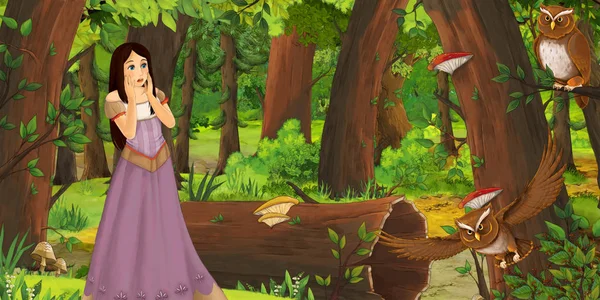 Cartoon Scene Happy Young Girl Forest Encountering Pair Owls Flying — Stock Photo, Image