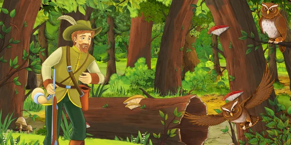 Escena Dibujos Animados Con Hombre Mayor Agricultor Cazador Bosque Encontrando —  Fotos de Stock