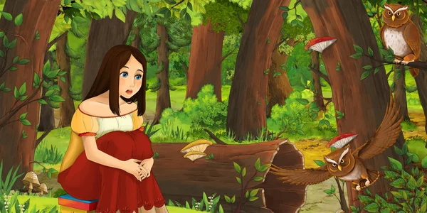 Kreslená Scéna Šťastnou Mladou Dívkou Lese Která Setkala Dvojicí Soven — Stock fotografie
