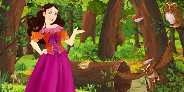 卡通场景与快乐的年轻女孩在森林中遇到一对猫头鹰飞 插图为儿童 — 图库照片