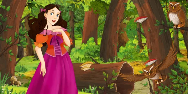 Cartoon Scene Happy Young Girl Forest Encountering Pair Owls Flying — Stock Photo, Image