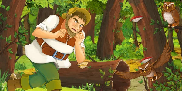 Scène Dessin Animé Avec Homme Âgé Agriculteur Dans Forêt Rencontrant — Photo