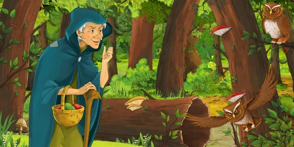 Cartoon Scene Happy Old Woman Witch Sorceress Forest Encountering Pair — Stock Photo, Image