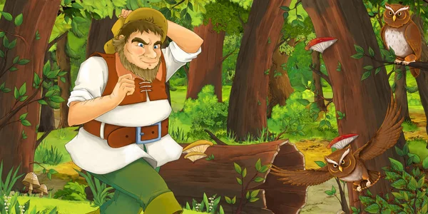 cartoon scene with older man farmer in the forest encountering pair of owls flying - illustration for children