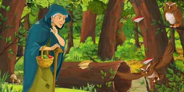 Καρτούν Σκηνή Ευτυχισμένη Γριά Μάγισσα Μάγος Στο Δάσος Συναντά Ζευγάρι — Φωτογραφία Αρχείου