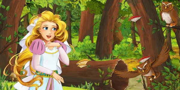 Zeichentrickszene Mit Glücklichem Jungen Mädchen Wald Das Eulenpaar Fliegt Illustration — Stockfoto