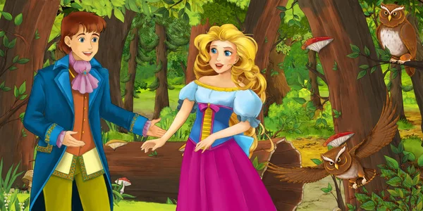 フクロウのペアに遭遇する森の中で幸せな若い女の子と男の子の王子と王女との漫画のシーン 子供のためのイラスト — ストック写真
