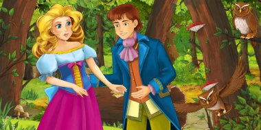 mutlu genç kız ve erkek prens ve prenses ormanda uçan baykuş çifti karşılaşan karikatür sahnesi - çocuklar için illüstrasyon