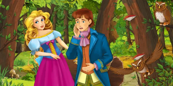 Cartoon Scene Happy Young Girl Boy Prince Princess Forest Encountering — Stock Photo, Image