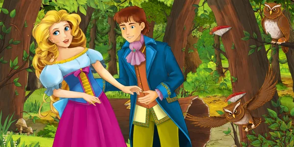 Cartoon Scene Happy Young Girl Boy Prince Princess Forest Encountering — Stock Photo, Image