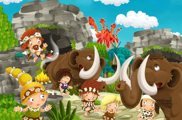 Деревенская Сцена Мамонтами Вулканом Заднем Плане Иллюстрация Детей — стоковое фото