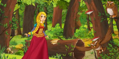 ormanda uçan baykuş çifti karşılaşan mutlu genç kız ile karikatür sahnesi - çocuklar için illüstrasyon