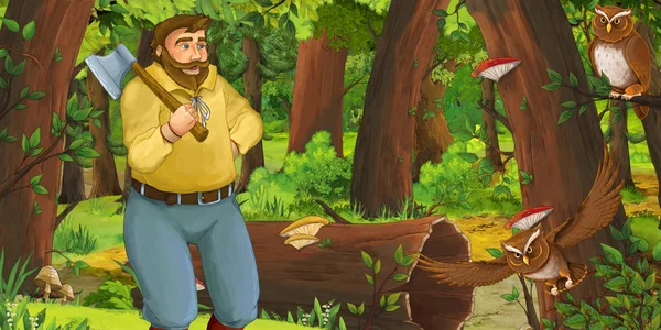 Cartoon Scene Older Man Farmer Forest Encountering Pair Owls Flying — Stock Photo, Image