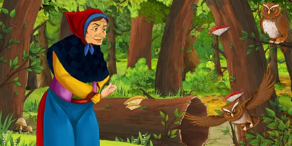 Cartoon Scène Met Gelukkige Oude Vrouw Heks Tovenares Het Bos — Stockfoto