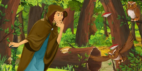 Cartoon Scene Happy Old Woman Witch Sorceress Forest Encountering Pair — Stock Photo, Image