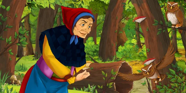 Tecknad Scen Med Happy Old Woman Witch Sorceress Skogen Möter — Stockfoto