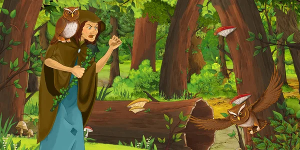 Karikatúra Jelenet Boldog Öregasszony Boszorkány Varázslónő Erdőben Találkozás Pár Baglyok — Stock Fotó