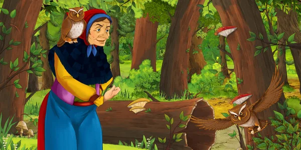 卡通场景与快乐的老妇人女巫女巫女巫在森林中遇到一对猫头鹰飞 插图为儿童 — 图库照片
