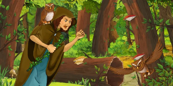 フクロウのペアが飛んで森の中で幸せな老婆魔女魔法使いと漫画シーン 子供のためのイラスト — ストック写真