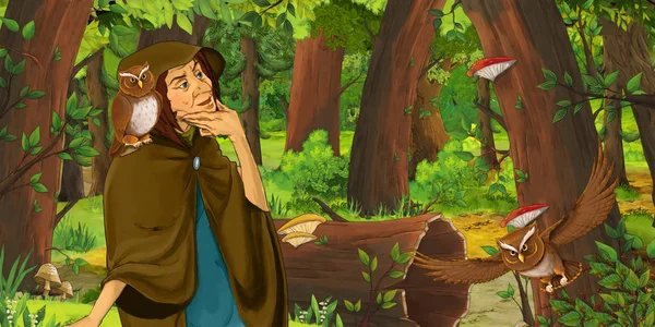 卡通场景与快乐的老妇人女巫女巫女巫在森林中遇到一对猫头鹰飞 插图为儿童 — 图库照片