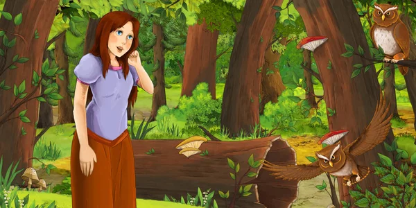 Escena Dibujos Animados Con Joven Feliz Bosque Con Par Búhos —  Fotos de Stock