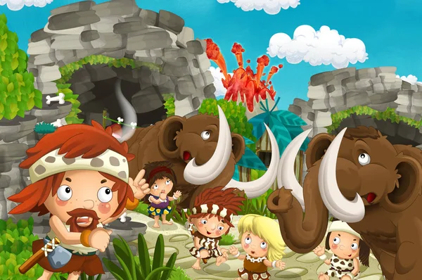 Cartoon Cavemen Village Scene Mammoths Volcano Background Illustration Children — Stock Photo, Image