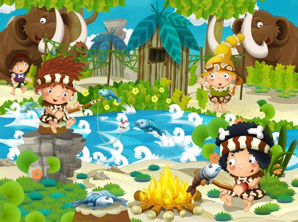 Cartoon Stone Age Scene Cavemen Living Fishing Mammoths Illustration Children — Stock Photo, Image