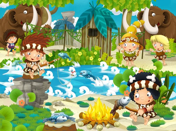 cartoon stone age scene with cavemen living and fishing with mammoths - illustration for the children