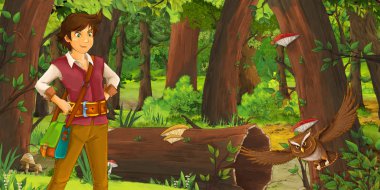 ormanda uçan baykuş çifti karşılaşan mutlu genç erkek prens ile karikatür sahnesi - çocuklar için illüstrasyon