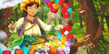 ormanda mutlu genç çocuk Prens ile karikatür sahne baykuşlar uçan çifti karşılaşma-çocuklar için illüstrasyon